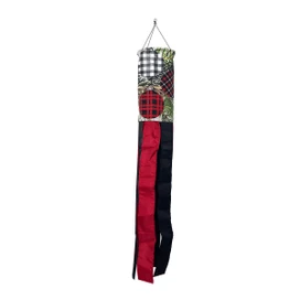 Patterned Ornaments Windsock Wind Twister with red, black, and plaid design hanging from a string.