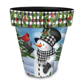 Large Checkered Snowman planter with snowman, bird, and holly design on a winter scene background.