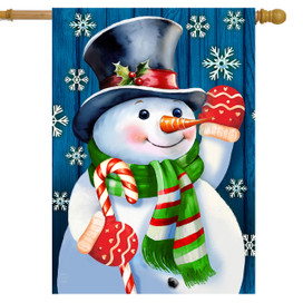 Candy Cane Snowman House Flag with snowflakes, green scarf, hat, and candy cane nose decoration.
