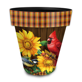Fall Birds and Sunflowers Large Planter with plaid rim, featuring cardinals and sunflowers design.