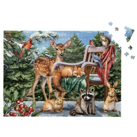 Snow Day Friends 1000 Piece Jigsaw Puzzle with forest animals and a snow covered chair scene.