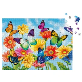 Colorful butterflies on flowers, Fluttering Butterflies 1000 Piece Jigsaw Puzzle with blue sky background.