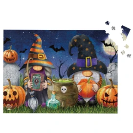 Halloween Gnomes 1000 Piece Jigsaw Puzzle with gnomes, pumpkins, and witch hats on a spooky night.