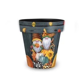 Small Fall Gnomes Planter with colorful gnomes, pumpkins, and sunflowers on a dark background.