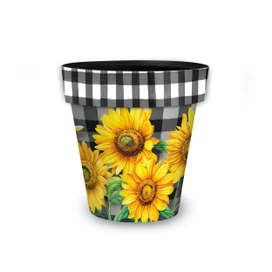 Small black and white checkered planter with yellow sunflowers and green leaves design.