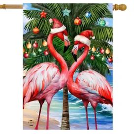 Festive Flamingos House Flag with pink flamingos, Christmas ornaments, and Santa hats on a palm tree.