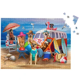 Dog Days Beach 1000 Piece Jigsaw Puzzle with dogs on a beach with a van.