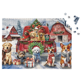 Holiday Cheer Dogs 1000 Piece Jigsaw Puzzle with dogs, presents, and Christmas tree on red truck.