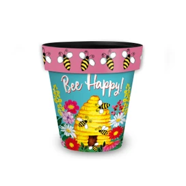 Bee Happy Beehive Small Planter, pink and blue floral pot with yellow beehive and bees design.