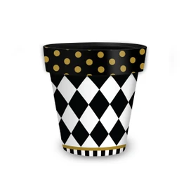 Small Checkerboard Planter with black, white, and gold diamond and polka dot decorative design elements.