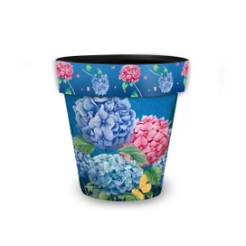 Colorful Hydrangeas small planter with blue, pink, and yellow flowers on a blue background.