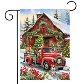 Red truck with Christmas decorations in front of a barn on a Country Christmas Garden Flag.