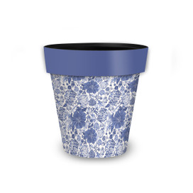 Small blue and white floral planter with blue rim, featuring a white background floral pattern.