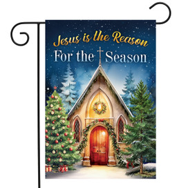 Reason For the Season Church Garden Flag with Christmas church and tree design, festive holiday decoration.