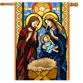 Stained glass nativity scene with Mary, Joseph, and baby Jesus on a house flag.