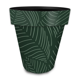 Dark green large planter with white tropical leaf pattern and black interior rim.
