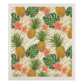 Pineapples and leaves pattern on Swedish dishcloth with green leaves, yellow pineapples, and pink flowers.