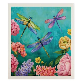 Dragonfly Garden Swedish Dishcloth with colorful dragonflies and flowers on teal background.