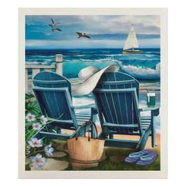 Seaside Escape Summer Swedish Dishcloth with ocean view, sailboat, and beach chairs design.