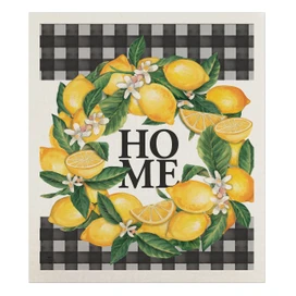 Lemon wreath design on Swedish dishcloth with green leaves and "HOME" on black and white checkered background.