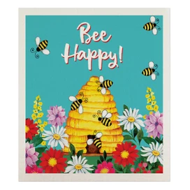 Bee Happy Hive Swedish Dishcloth with colorful flowers, bees, and a beehive on teal background.