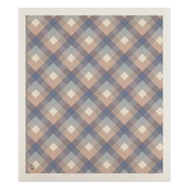 Pink and blue check Swedish dishcloth with white accents and beige border, diamond pattern design.
