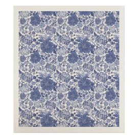 Blue and white floral Swedish dishcloth with a white border and blue floral pattern design.