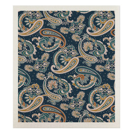 Paisley Swedish Dishcloth, navy blue with beige, orange, and green paisley and floral patterns.