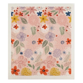Colorful Flowers Swedish Dishcloth with vibrant floral pattern on pink background with green leaves.