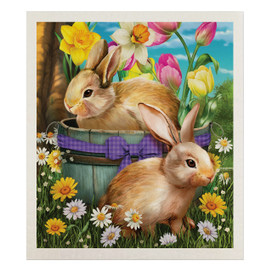 Spring Bunny Basket Swedish Dishcloth with colorful flowers and two bunnies in purple and green basket.