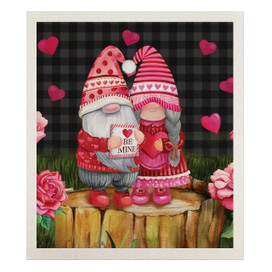 Valentine's Gnomes Swedish Dishcloth with gnomes, hearts, and roses on a tree stump.