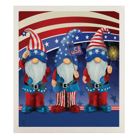 Patriotic Gnomes Swedish Dishcloth with red, white, and blue gnomes and American flag design.
