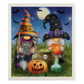 Halloween Gnomes Swedish Dishcloth with colorful gnomes, pumpkins, and witch hats on a blue background.