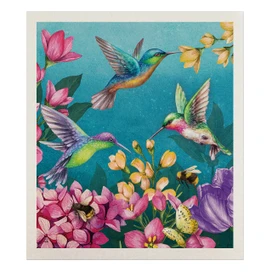 Springtime Hummingbirds Swedish Dishcloth with colorful hummingbirds and flowers design.