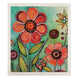 Colorful Garden Swedish Dishcloth with vibrant orange flowers and green background, floral pattern design.