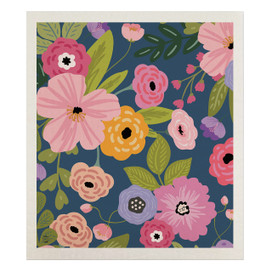 Happy Blooms Swedish Dishcloth, colorful floral pattern with pink, purple, and orange flowers on blue background.