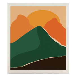 Mountains Swedish Dishcloth, green mountain range design with orange sunset on beige background, natural colors.