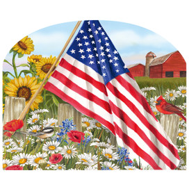 America the Beautiful Acrylic Art Sign with American flag, flowers, sunflowers, and red barn scenery.