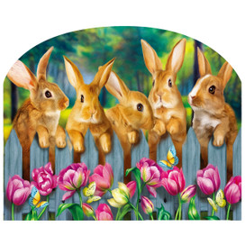 Garden Bunnies Spring Acrylic Art Sign with colorful bunnies and tulips on a wooden fence panel.