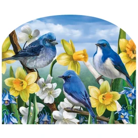Bluebirds on branches surrounded by white and yellow daffodils and blue flowers on acrylic art sign.