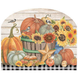 Bountiful Bushel Acrylic Art Sign with pumpkins sunflowers and birds on wooden background.