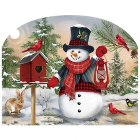 Snowman and Friends Acrylic Art Sign, snowman with red scarf and hat, birds, and rabbit.