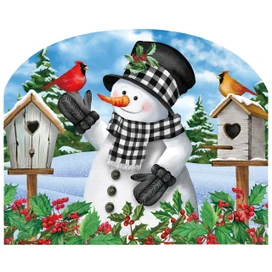 Checkered snowman acrylic art sign with black hat, scarf, and birds on birdhouses, winter scene.
