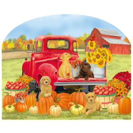 Fall Puppies Acrylic Art Sign with red truck, sunflowers, pumpkins, and adorable puppies on display.