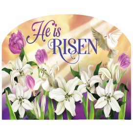 He Is Risen Lillies Acrylic Art Sign with white and purple flowers and a dove.