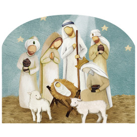 Rejoice Nativity scene with figurines and lambs on brown ground with blue starry background acrylic sign.