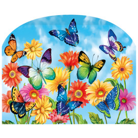 Butterflies and flowers on Fluttering Butterflies Acrylic Art Sign with blue sky background.