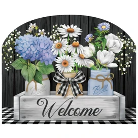 Crated Mason Jars Acrylic Art Sign with flowers and welcome message on wooden base displayed.