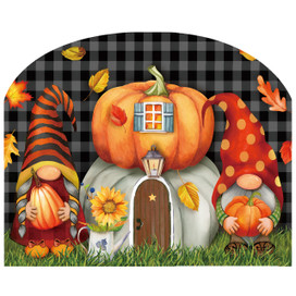 Fall Gnome Home Acrylic Art Sign with gnomes, pumpkins and plaid background.