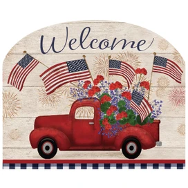 Red truck with American flags and flowers, on wooden sign with "Welcome" and patriotic design elements.